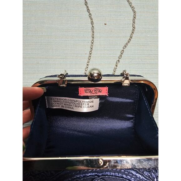 Free People Chi Chi London Navy Blue Embroidered Clutch Purse Metal NWOT - Picture 5 of 5